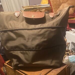 Longchamp Olive Green Tote with Brown Leather Trim